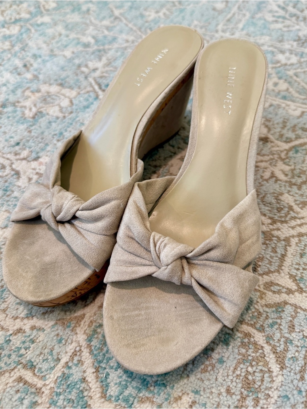 Nine West Taupe Knot-Front Suede Leather Cork Wedge Mules